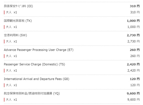 JALで関西～バンコク間を往復した場合の諸費用一覧