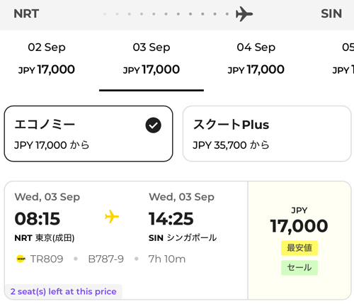 成田発シンガポール行きが17,000円