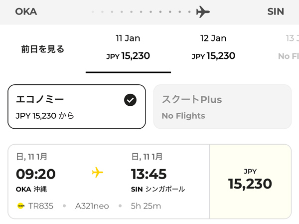 那覇発シンガポール行きは15,230円