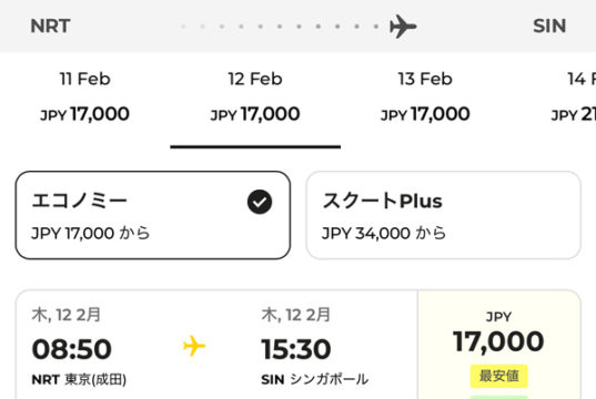成田発シンガポール行きが17,000円