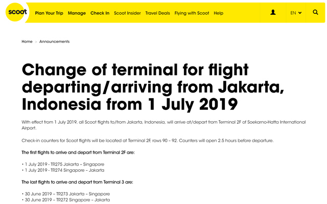 スクート、7月よりジャカルタ発着便をターミナル2Fに移転