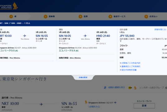 東京～シンガポール往復が諸費用込み約56,000円