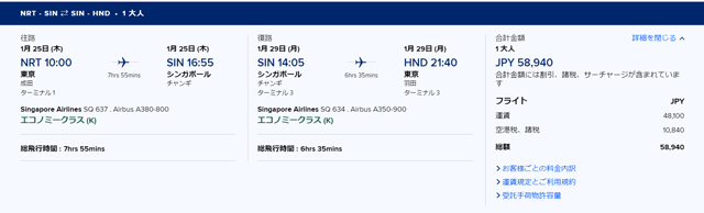 東京～シンガポールのフライト検索画面