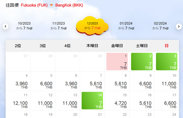 福岡発バンコク行きフライト検索画面