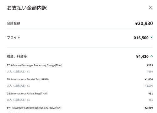 成田発バンコク行きが20,930円