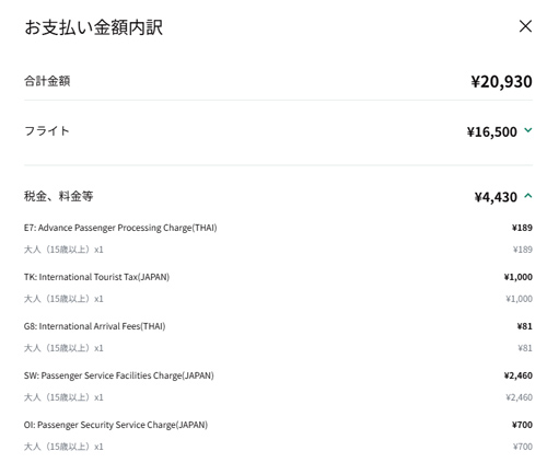 成田発バンコク行きが20,930円